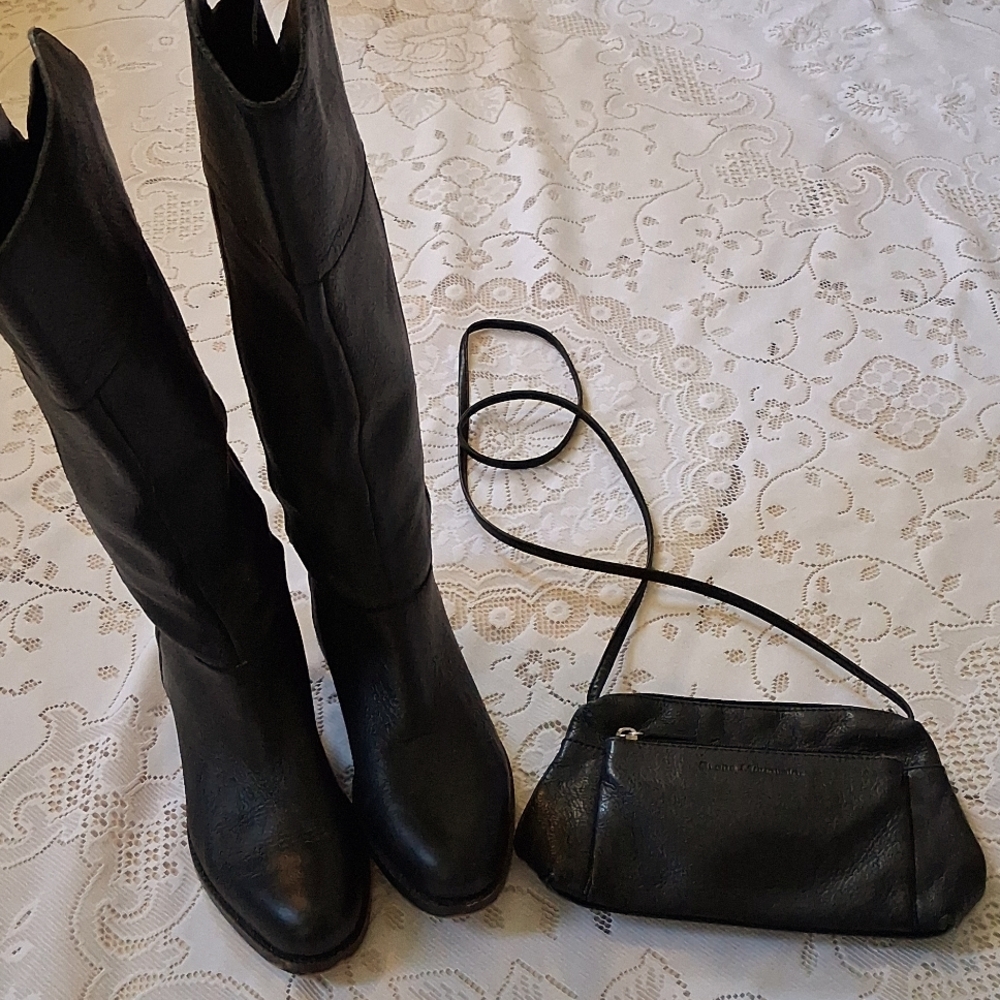 Franco Sarto Black Knee-High Boots, & Stone Mountain Leather Crossbody Bundle
